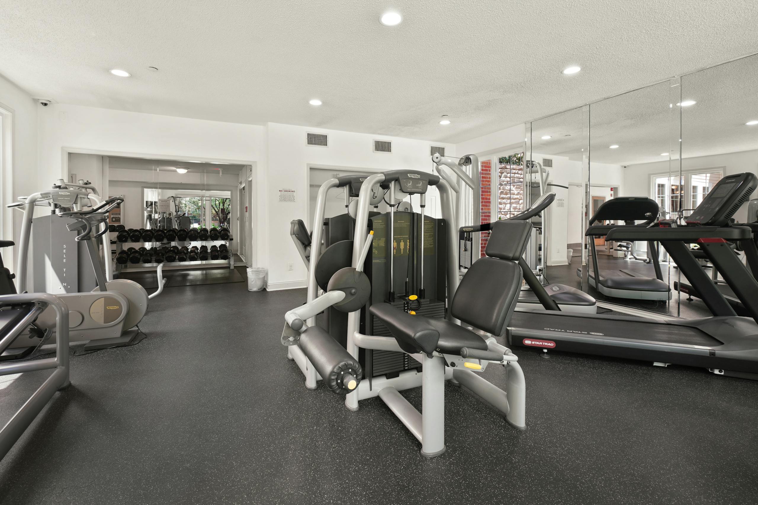 Spacious gym interior featuring various fitness equipment and natural lighting.